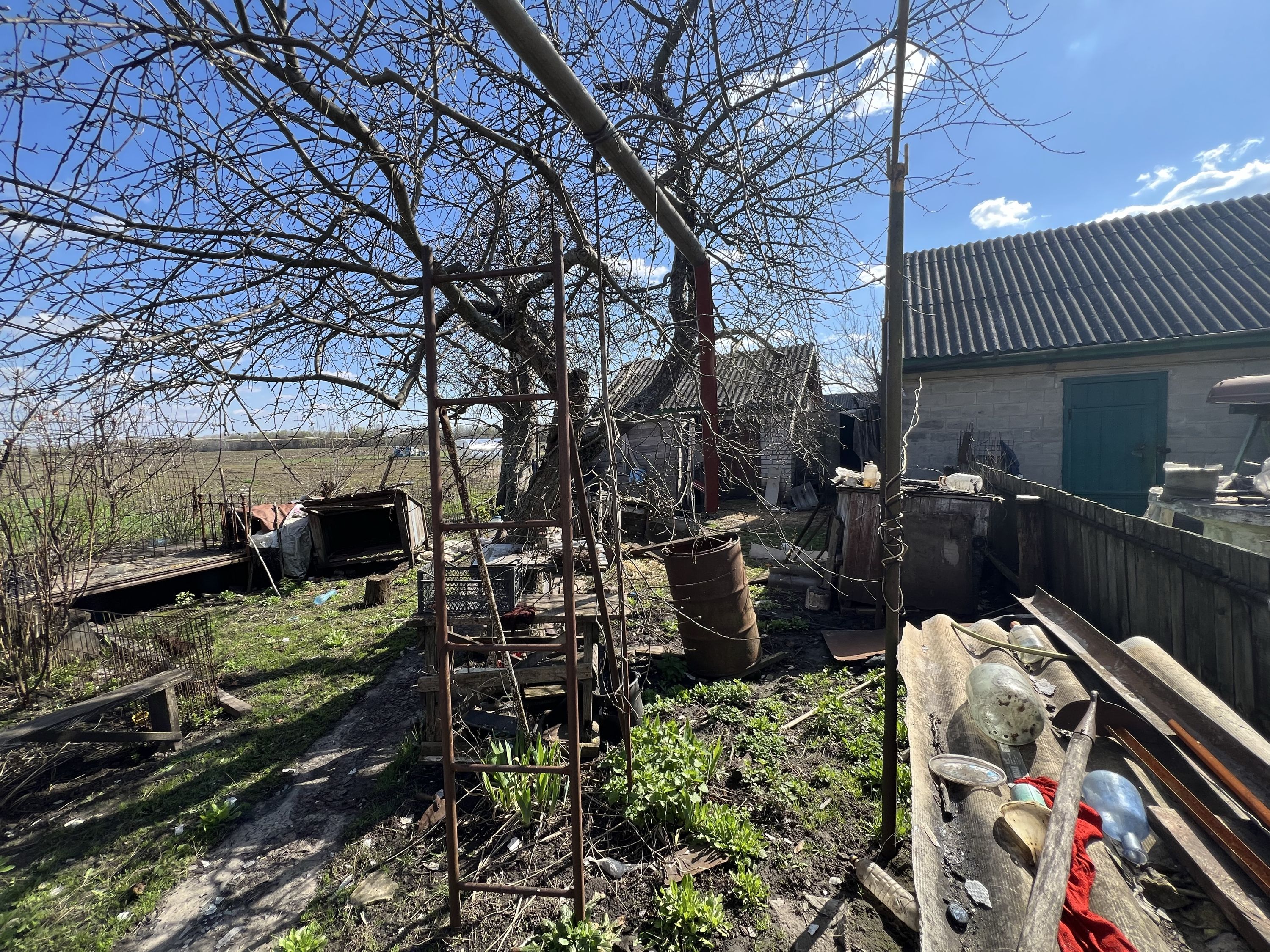 Земельна ділянка з деревами, залишками будівельних матеріалів та металевою драбиною.